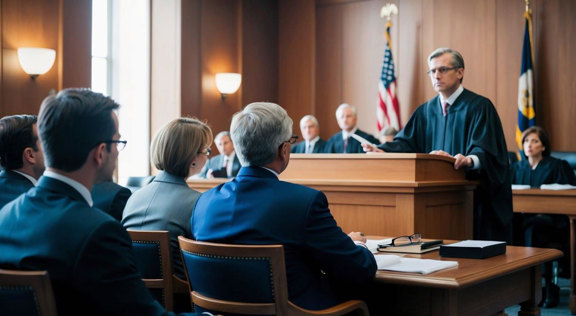 A courtroom with a judge presiding over a trial for a fraudulent scheme, with lawyers presenting evidence and a jury listening attentively